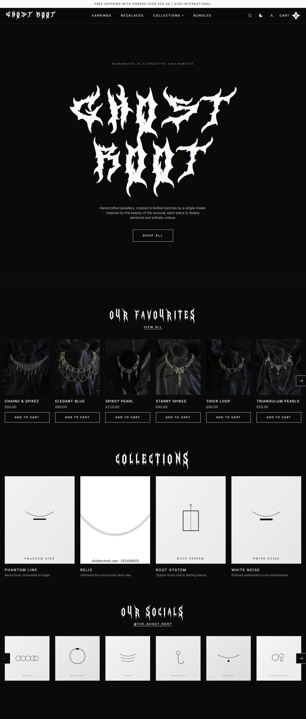 The Ghost Root website on a desktop browser: a black page with the metal-style Ghost Root logotype, a row of chainwork necklaces under Our Favourites, and four collection tiles.