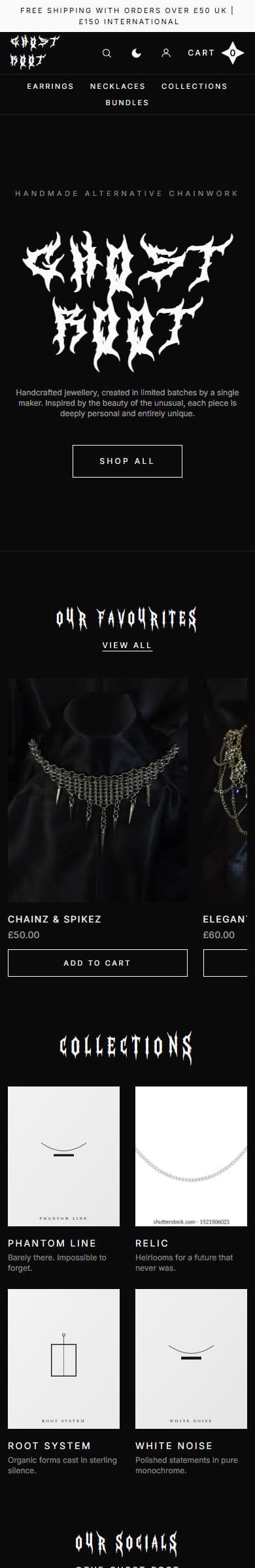 The Ghost Root website on a phone: the logotype, the Shop All button, and a necklace from the favourites row.