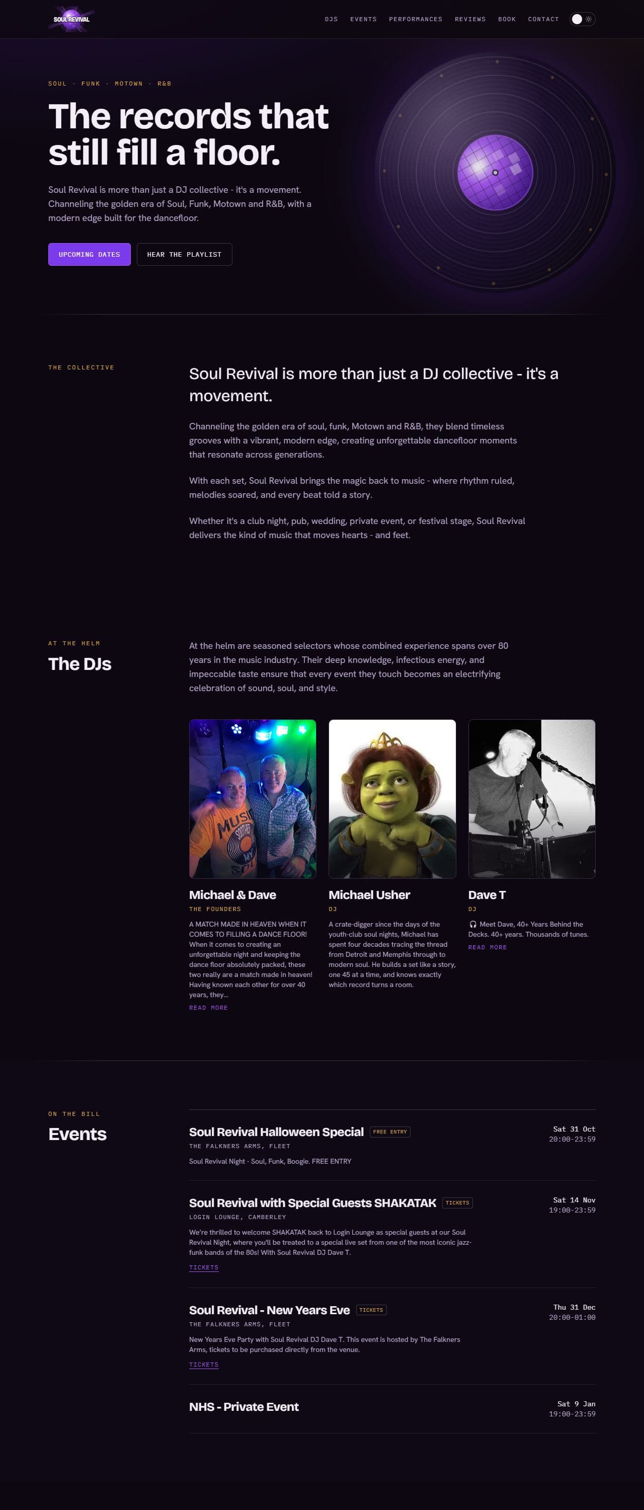 The Soul Revival website on a desktop browser: a dark purple page with the headline The records that still fill a floor beside a spinning vinyl record, and an Upcoming Dates button.