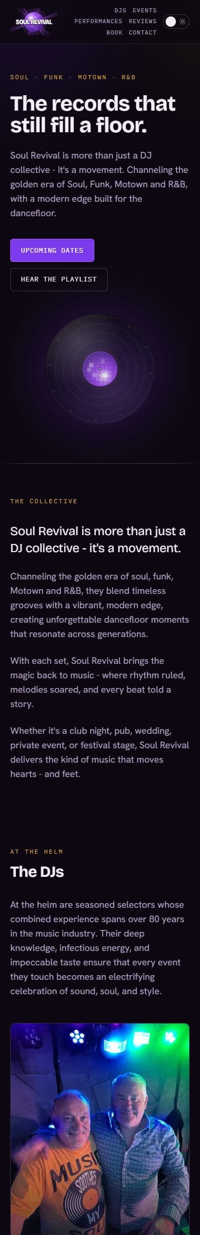 The Soul Revival website on a phone: the headline, the Upcoming Dates button, and the vinyl record graphic.
